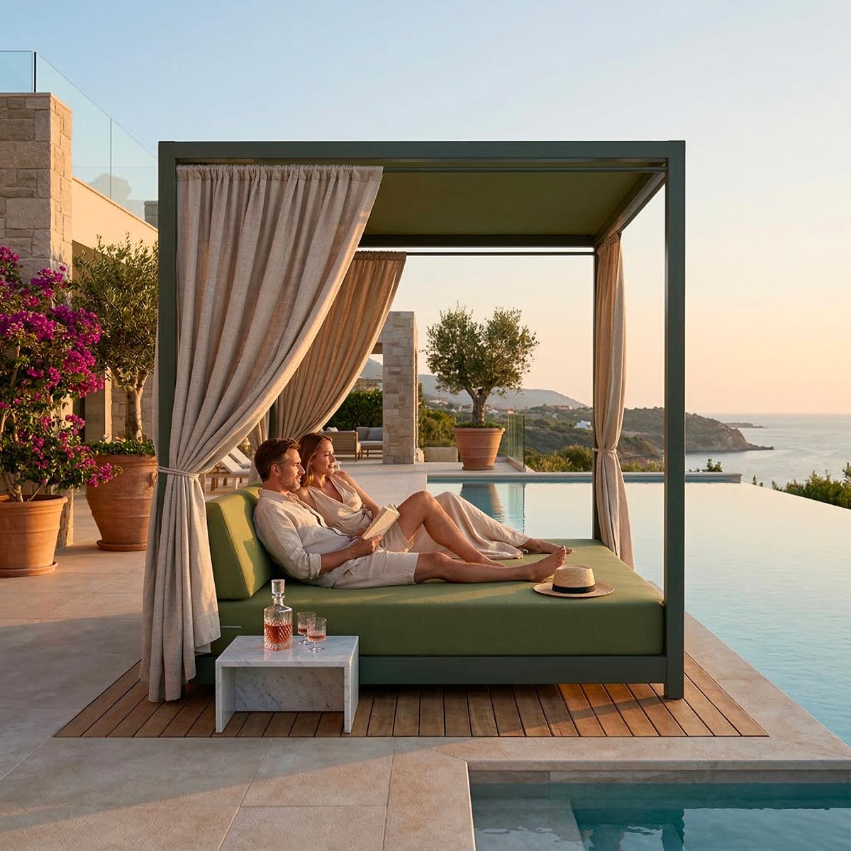 Lit de Piscine à Baldaquin & Daybed "Bali" – Luxe & Sur-Mesure Mousses Étoiles